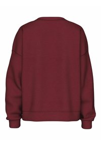 Burgunderfarget hettegenser med avslappet passform, rund hals og ribbestrikkede mansjetter. Stoffet er glat med en myk tekstur og minimal sømdetalj.