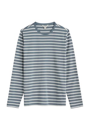 Tricou cu mânecă lungă de culoare albastră deschisă, cu dungi orizontale albe. Are un decolteu rotund și o textură moale și netedă.