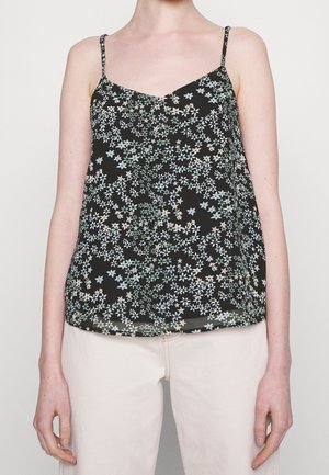 Camiseta sin mangas negra con un patrón de pequeñas flores azules, verdes y beige. Tejido ligero, diseño con escote en forma de V.