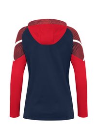 Langarm-Hoodie mit navyfarbenem Körper, roten Ärmeln und einer gemusterten Kapuze mit horizontalen Linien. Glatte Textur mit sportlichem Design.