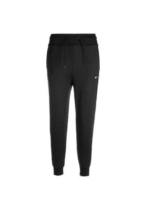 Black tapered sweatpants with elastic waistband, drawstring, cuffs, side pockets, and small white Nike logo on right thigh.