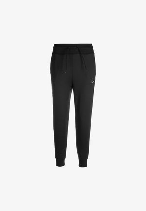 Pantalon de survêtement noir fuselé avec taille élastique, cordon de serrage, poignets, poches latérales et petit logo Nike blanc sur la cuisse droite.