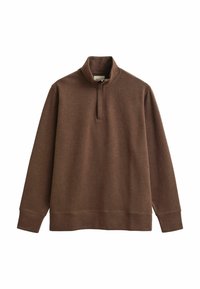 Maglione marrone realizzato in tessuto morbido, con collo mezza zip e maniche lunghe, vestibilità comoda e polsini e orlo a costine.