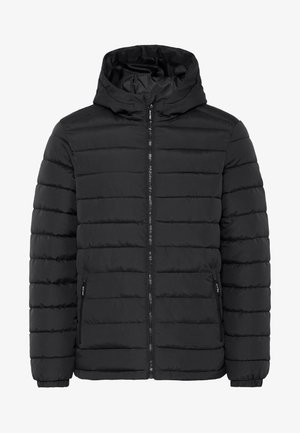 Schwarze Steppjacke mit Reißverschluss vorne, Kapuze, gestepptem Muster und elastischen Bündchen. Zwei seitliche Taschen mit Reißverschlüssen. Weiches, isolierendes Material.