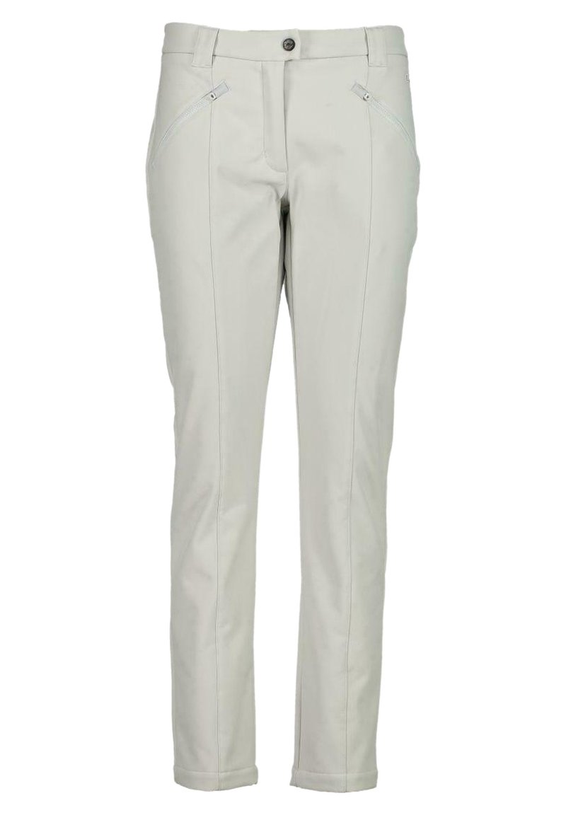 Pantalones gris claro hechos de una tela suave con un diseño ajustado, que presentan bolsillos con cremallera en ángulo y un sutil detalle de costuras.