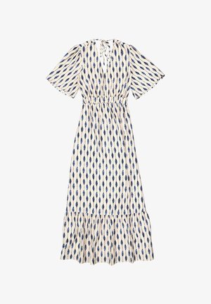 Maxi dress in cream with blue leaf pattern, featuring short flared sleeves, an elastic waist, and a tiered ruffled hemline.
