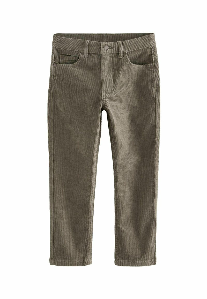 Pantaloni in corduroy verde oliva con design a gamba dritta, dotati di due tasche frontali e chiusura con bottone. Texture a righe verticali.