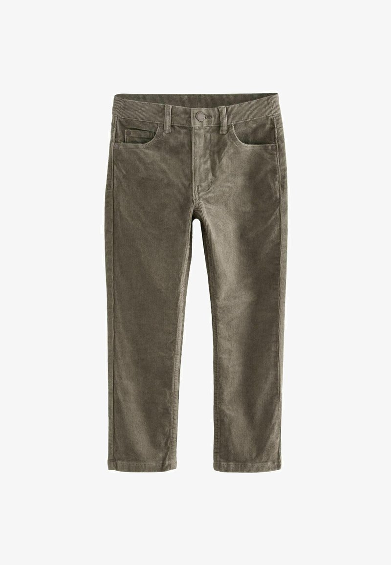 Olive green corduroy pants with a straight leg design, featuring two front pockets and a button closure. Vertical ribbed texture.