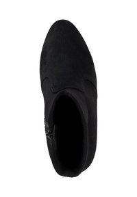 Black ankle boot made of suede. Features a smooth texture, pointed toe, and side zipper with accent stitching. Interior is fully lined.