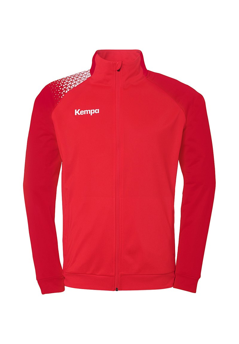 Red zip-up jacket made of lightweight fabric, featuring a geometric pattern on the upper part, a collar, and the "Kempa" logo on the chest.