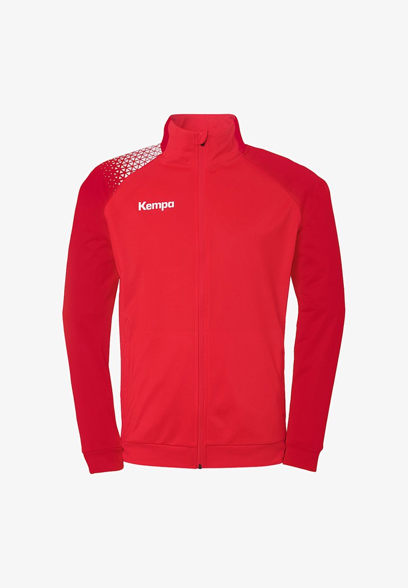 Red zip-up jacket made of lightweight fabric, featuring a geometric pattern on the upper part, a collar, and the "Kempa" logo on the chest.