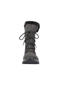 Bota de ante gris con cordones en la parte frontal, cuello de piel sintética, puntera redonda y suela de goma texturizada. Refuerzo en el tobillo para mayor estabilidad.