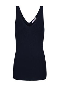 Tumes ribadega tank top, millel on sügava V-kaeluse disain, tekstureeritud kangas ja sobiv siluett, kitsaste õlavarre rihmadega.