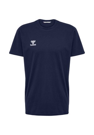 Marineblaues T-Shirt mit kurzen Ärmeln und Rundhalsausschnitt, mit kleinem weißem Hummel-Logo auf der linken Brust.