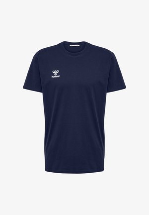 Marineblaues T-Shirt mit kurzen Ärmeln und Rundhalsausschnitt, mit kleinem weißem Hummel-Logo auf der linken Brust.