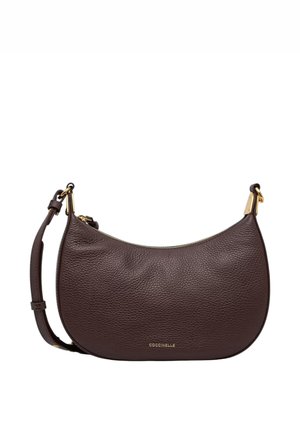 Borsa a tracolla in pelle marrone testurizzata con ferrature dorate e tracolla regolabile, con piccolo logo del marchio sul davanti.