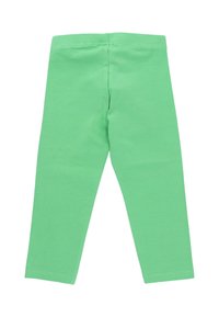 Zielone legginsy bawełniane, dopasowane, gładka tekstura, jednolity kolor, elastyczny pas, długość do kostek, brak widocznych szwów lub wzorów.