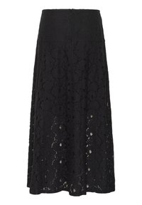 Jupe maxi en dentelle noire avec des motifs floraux délicats, taille solide et fermeture éclair dissimulée à l'arrière. La superposition texturée crée un effet superposé.