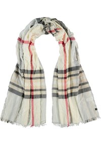 Bufanda ligera con base color crema, patrones a cuadros en gris y beige, y acentos rojos. Los bordes están desflecados para añadir textura.