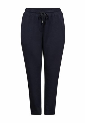 Navy blue sweatpants with an elasticated waistband and drawstring, featuring a relaxed fit and tapered legs with no visible pockets.