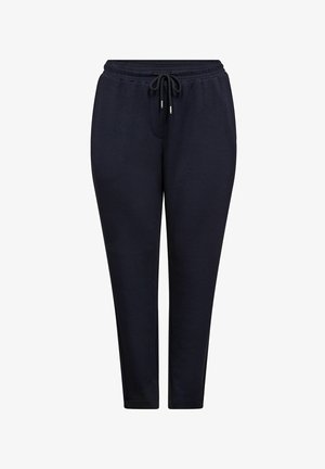 Pantaloni tuta blu navy con vita elasticizzata e cordoncino, caratterizzati da una vestibilità comoda e gambe affusolate senza tasche visibili.