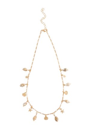 Goldene Halskette mit abwechselnden kleinen Muschel-, Seestern- und Spiralschalen-Anhängern, mit verstellbarem Verschluss.
