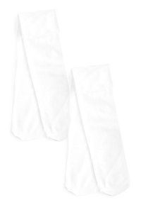 Zwei Paare weißer knielanger Socken aus weichem Stoff, mit einem gerippten Muster und einem umgeschlagenen Bund oben.