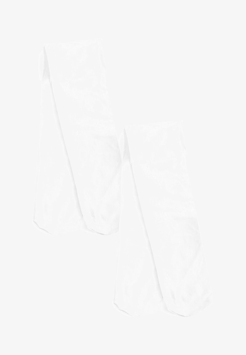 Two pairs of white knee-high socks made from soft fabric, featuring a ribbed texture and a fold-over cuff at the top.