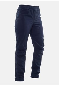 Marinewaterdichte broek met elastische tailleband, taps toelopende benen en zijzakken. Bevat een logo op de linkerdij, met een gladde textuur.