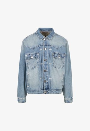 Gaiši zils džinsa žakets ar pogu priekšpusē, divām krūšu kabatām ar vāku un pogu, izšūtām detaļām un klasisku apkakli.