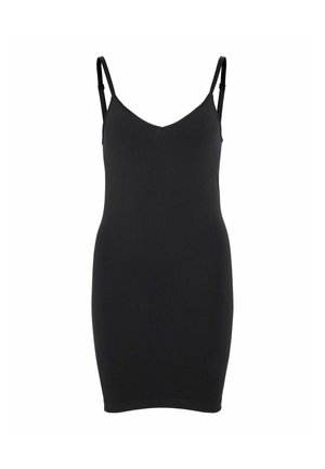 Czarna sukienka na ramiączkach z regulowanymi spaghetti, dekoltem w serek i dopasowanym krojem. Wykonana z miękkiego, elastycznego materiału dla wygody.