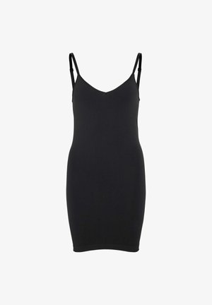 Czarna sukienka na ramiączkach z regulowanymi spaghetti, dekoltem w serek i dopasowanym krojem. Wykonana z miękkiego, elastycznego materiału dla wygody.