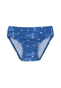 Båda simbyxorna är blå med ett mönster av konturerade fiskar i vitt och gult. De är tillverkade av ett mjukt, stretchigt material och har en bekväm midja.