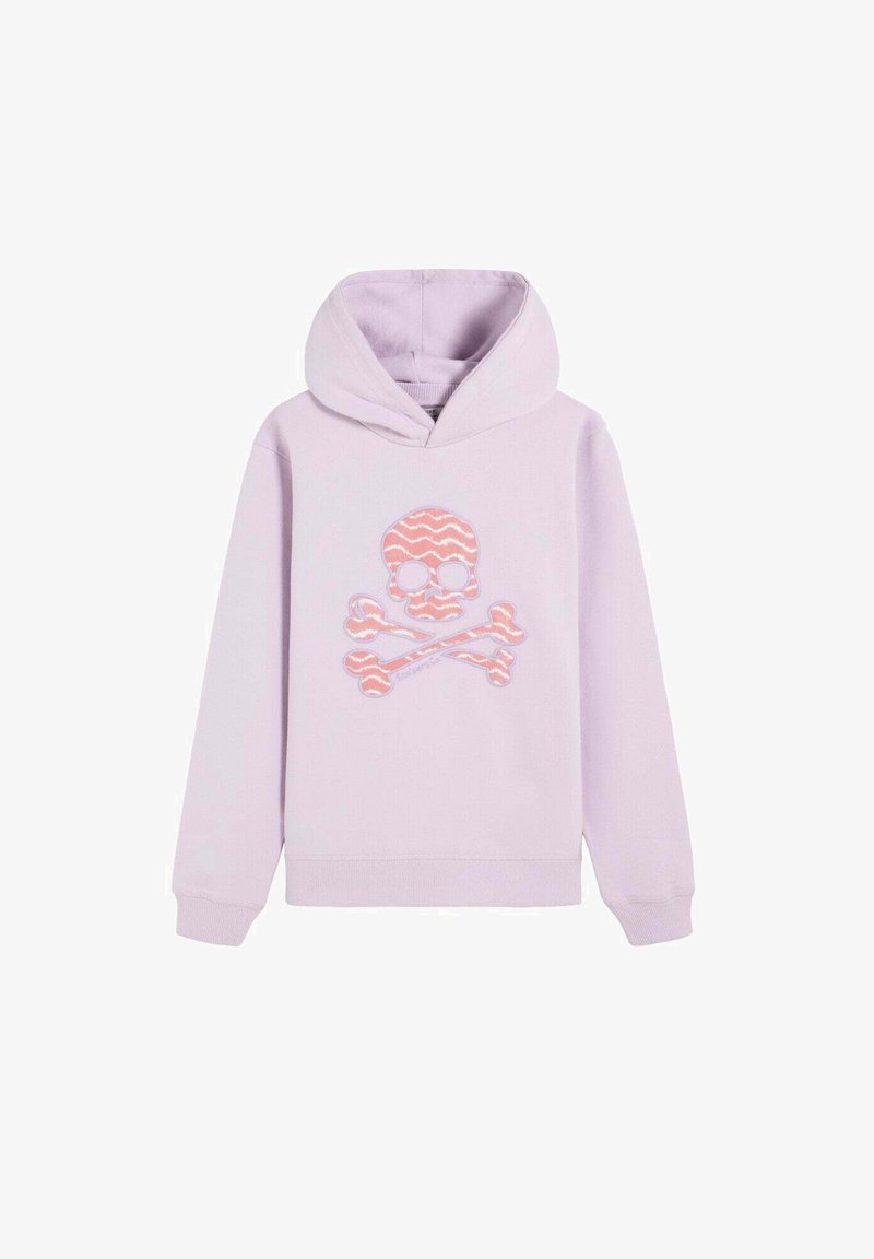 Sweat à capuche violet clair avec un motif de crâne et tibias ondulés rose et blanc centré sur la poitrine, manches longues et capuche.