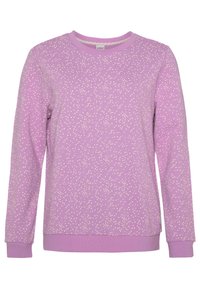 Felpa viola con un design testurizzato e macchie bianche, polsini a costine e scollatura rotonda. Tessuto morbido con una vestibilità casual.