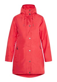 Red waterproof jacket with a hood, snap buttons, adjustable drawstring, and side zip pockets. Smooth texture and knee-length design.