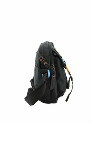 Borsa a tracolla nera in nylon con più scomparti, tracolla regolabile, accenti blu a contrasto e cerniere resistenti.