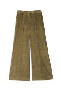 Brede corduroy broek in olijfgroen. Verticaal geribbelde textuur met een hoge taille. Voor- en achterzakken, schone zoomranden.