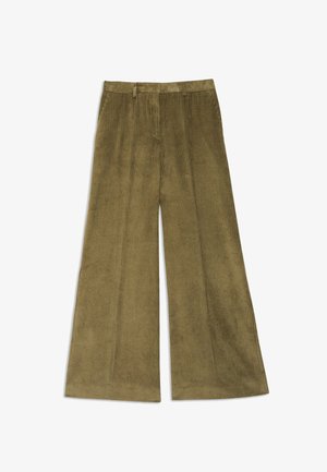 Široké nohavice z kordu v olivovo zelenej farbe. Vertikálne ribbované textúry s vysokým pásom. Predné a zadné vrecká, čisté okraje lemov.