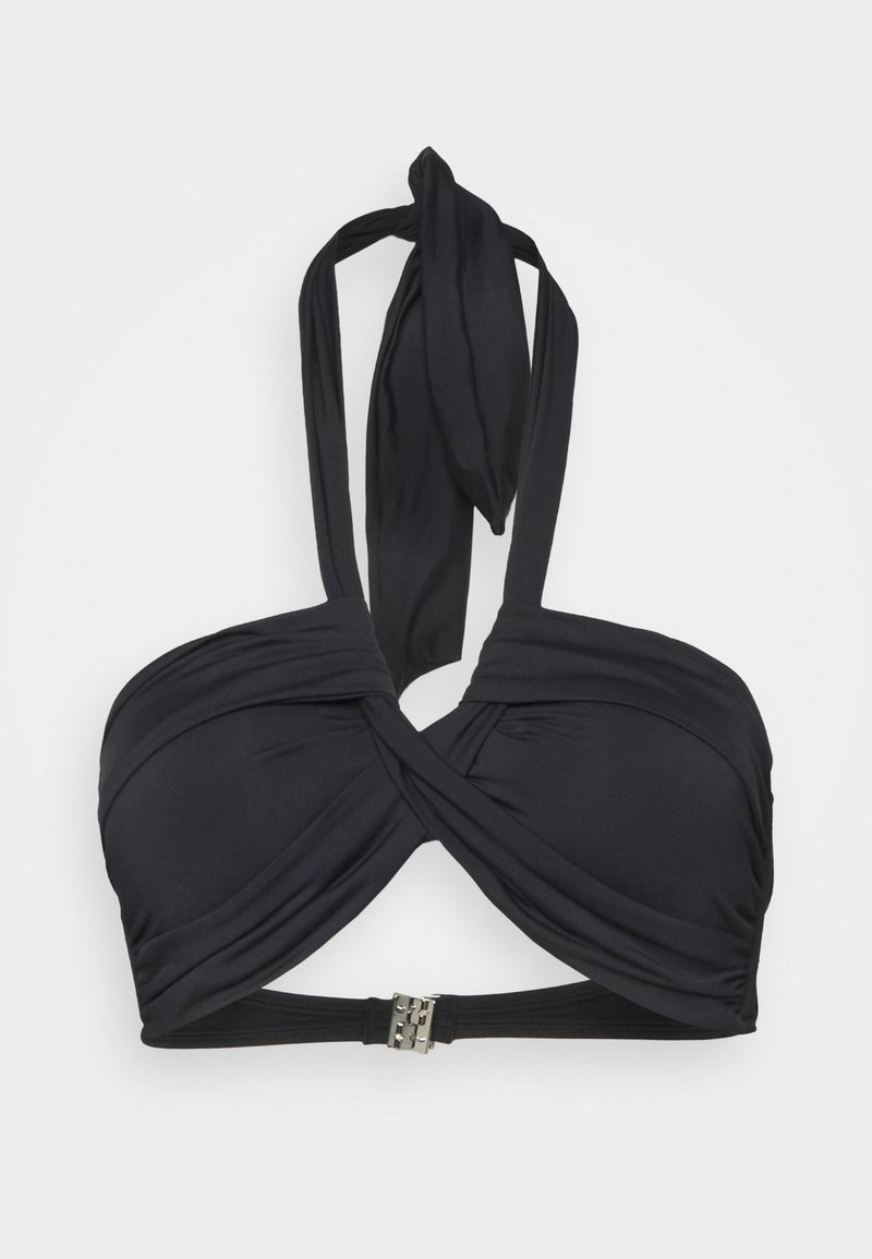 Black bikini top with a twisted band design, halter neck tie, and adjustable back closure featuring metallic hardware accents.
