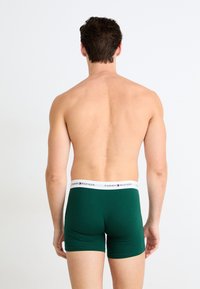 Grüne Baumwoll-Boxershorts mit weißem elastischem Bund, der das Logo "TOMMY HILFIGER" trägt. Die Passform ist enganliegend und die Textur ist glatt.
