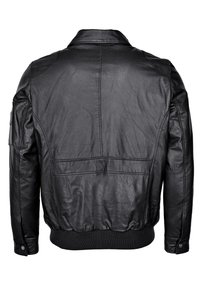 Schwarze Lederbomberjacke mit gerippten Bündchen und Saum, präsentiert sich mit einer glatten Textur, strukturierten Schultern und Rückennaht-Details.