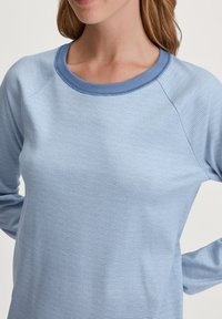 Hellblau gestreifter Langarm-Top mit rundem Halsausschnitt. Weicher Stoff und geripptes Kragen-Detail. Lockere Passform mit Raglanärmeln.