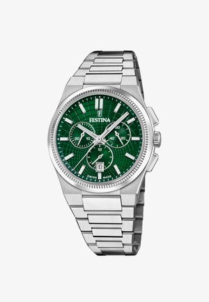 Festina-Uhr mit grünem strukturiertem Ziffernblatt, Gehäuse und Band aus silbernem Edelstahl. Verfügt über ein Datumsfenster und drei Subzifferblätter für die Stoppfunktion.