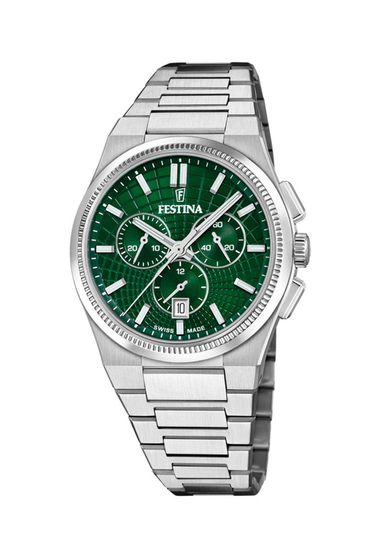 Orologio Festina con quadrante verde testurizzato, cassa in acciaio inossidabile argento e cinturino. Presenta un finestra della data e tre sottodial per cronografo.