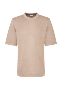 T-shirt in maglia beige con scollatura a girocollo e maniche corte. Realizzato in materiale leggero e liscio, presenta una vestibilità rilassata e dritta.