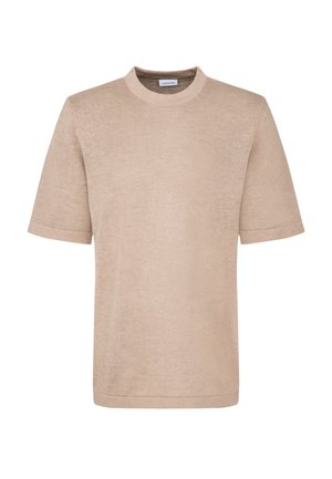 Beige gebreide t-shirt met een ronde halslijn en korte mouwen. Gemaakt van soepel, lichtgewicht materiaal, met een relaxte, rechte pasvorm.