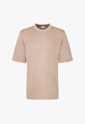 Beige gebreide t-shirt met een ronde halslijn en korte mouwen. Gemaakt van soepel, lichtgewicht materiaal, met een relaxte, rechte pasvorm.