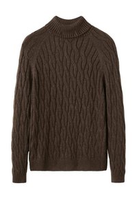 Brązowy sweter dziany z prążkowanym, półgolfowym kołnierzem, z wzorem w warkocze i długimi rękawami. Miękka faktura, luźny krój i gładkie obszycia.