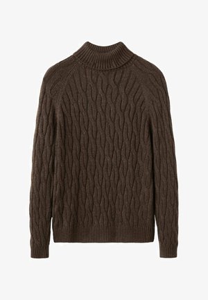 Brown knitted sweater with a ribbed mock neck, featuring a cable pattern and long sleeves. Soft texture with a relaxed fit and solid hems.